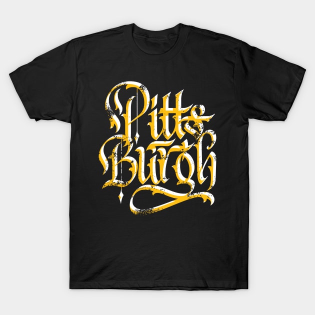 Pittsburgh Black and Yellow Calligraphy Script T-Shirt by polliadesign